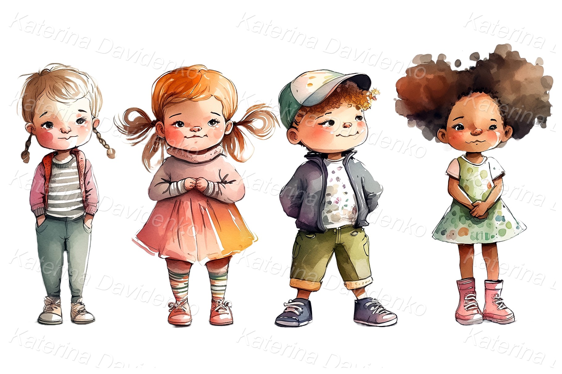 Little cartoon children PNG clipart. Cute happy girls and boy standing in a row
