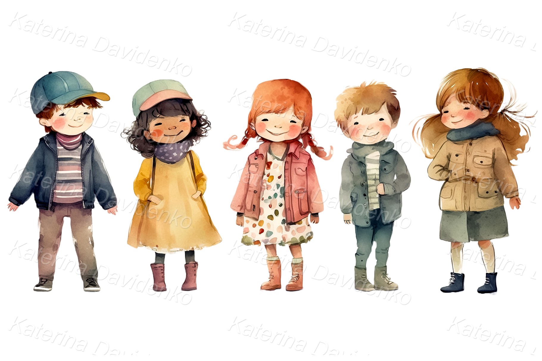 Smiling little cartoon happy kids in autumn clothes standing in a row