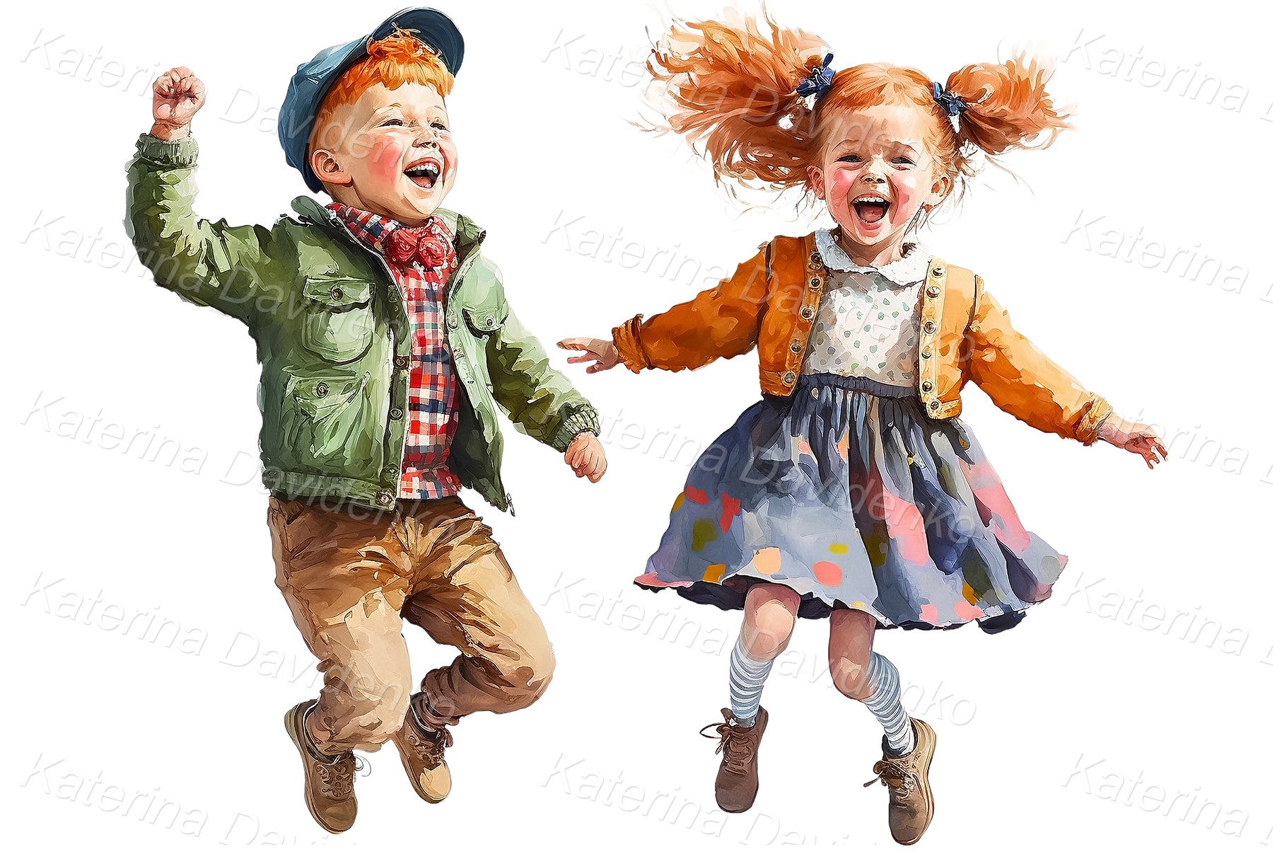 Happy kids jumping with joy, boy and girl watercolor clipart