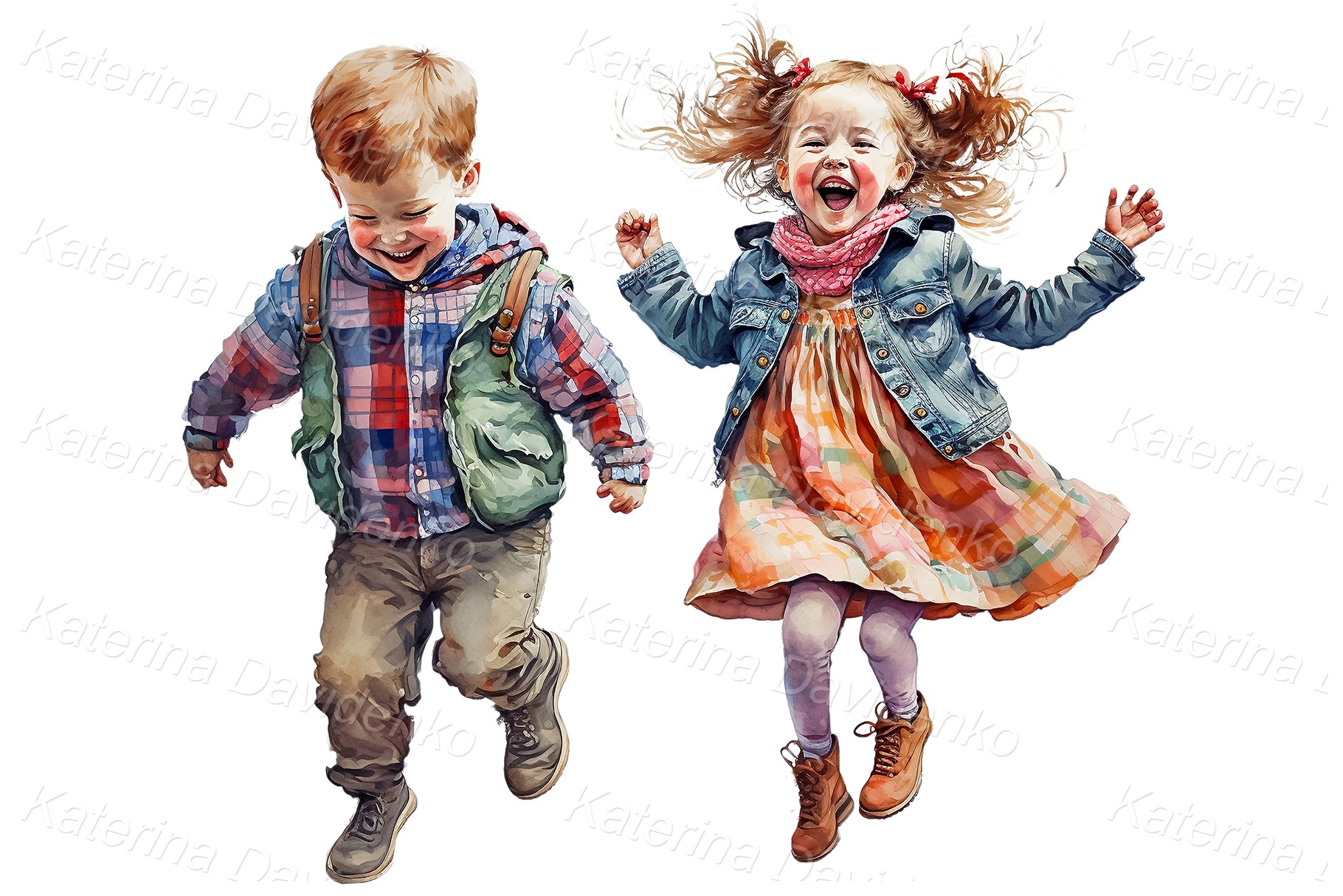 Boy and girl jumping with joy, funny children clipart