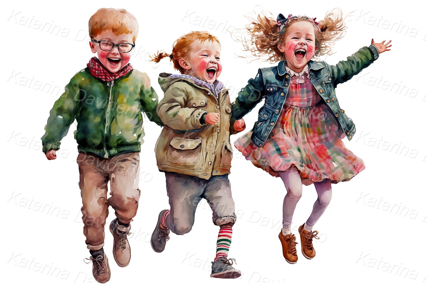 Three children jumping with joy, smiling kids, watercolor digital painting