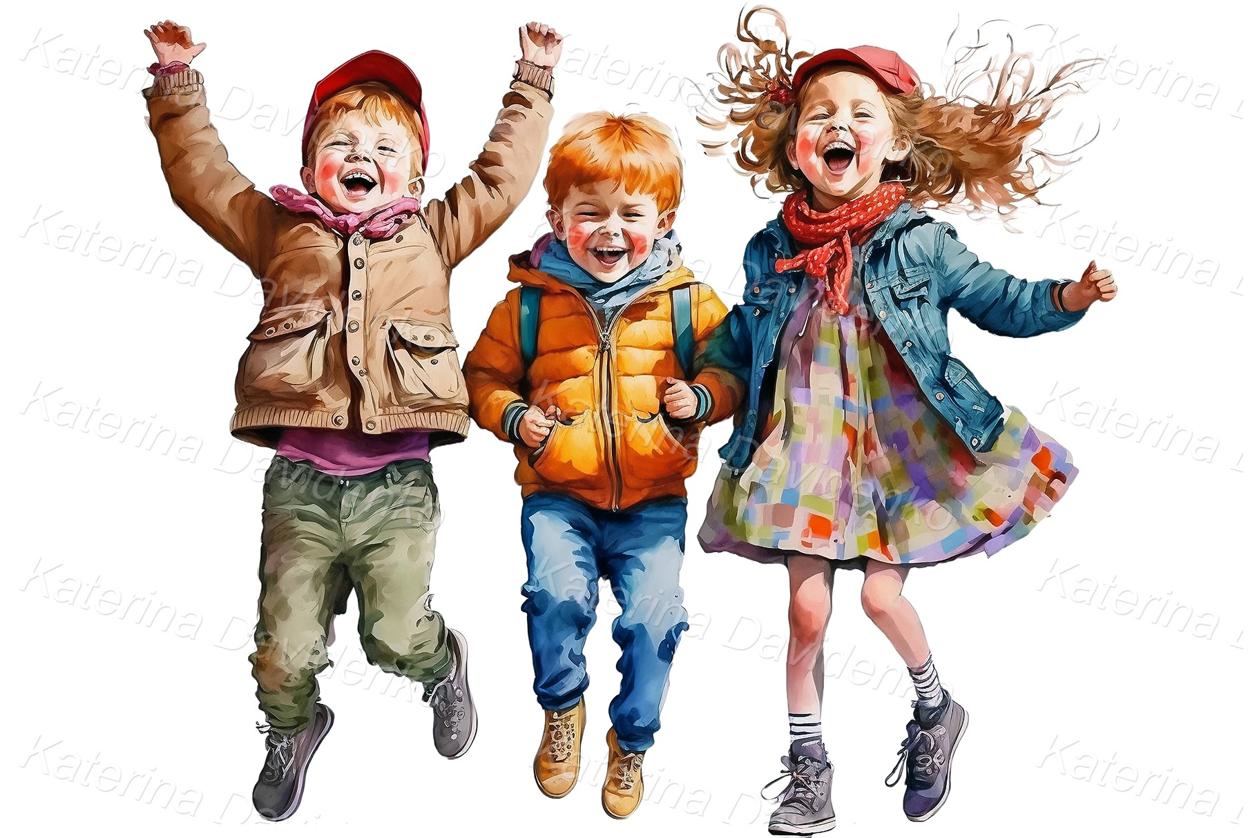 Three happy kids jumping together, joyful laughing children, watercolor illustration