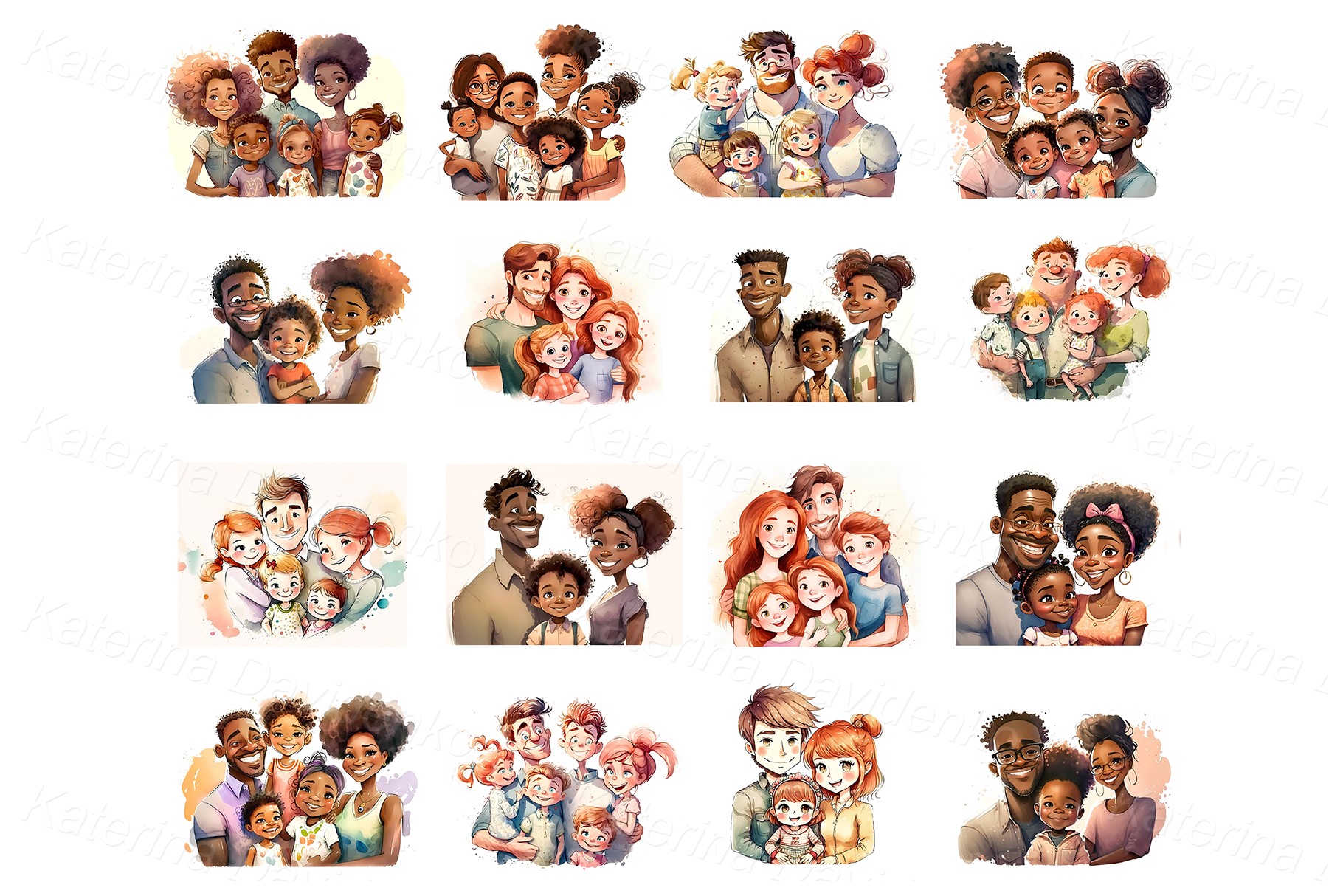 Collection of watercolor cartoon happy family portraits
