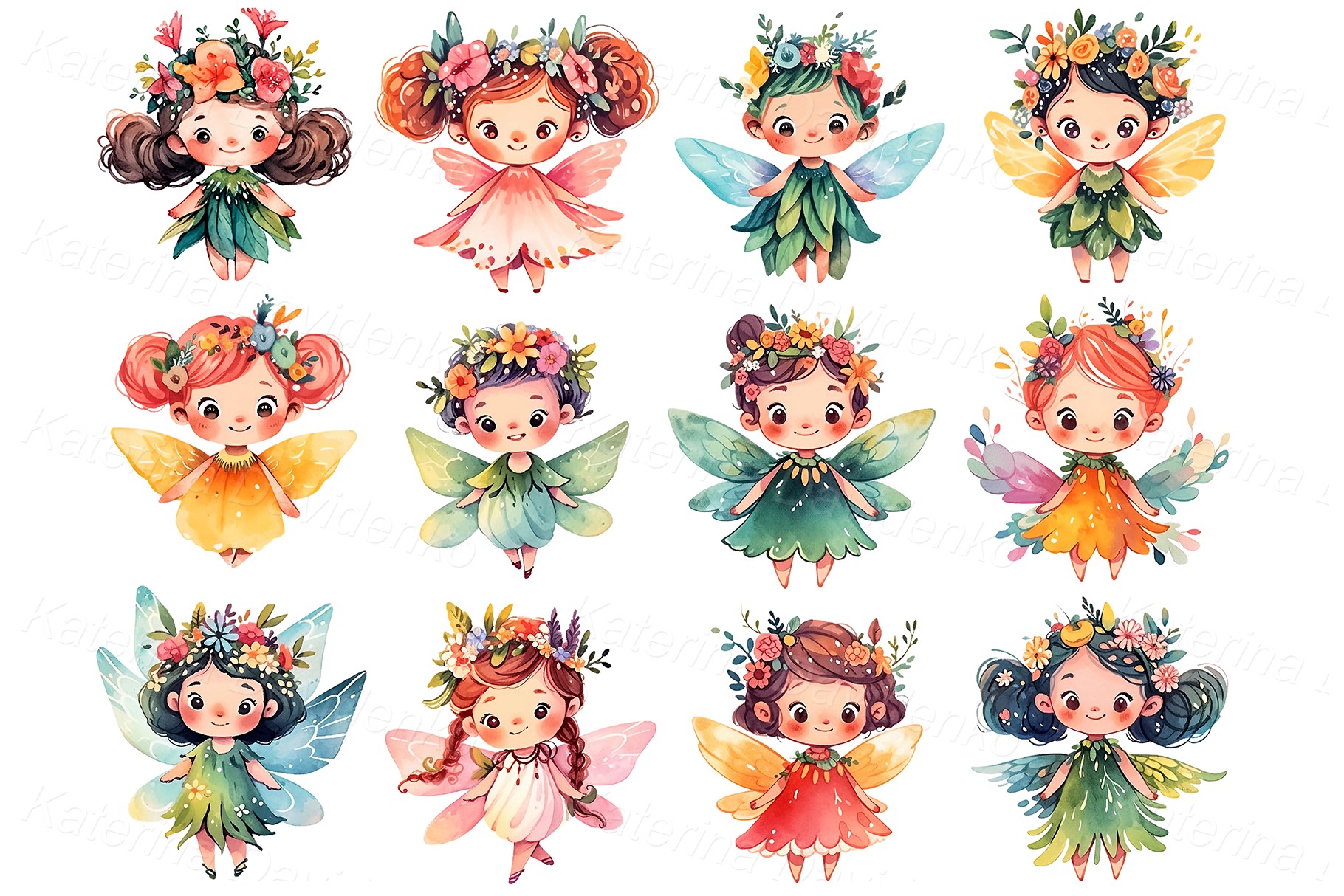 Collection of cute cartoon fairies, watercolor fairy stickers PNG clipart