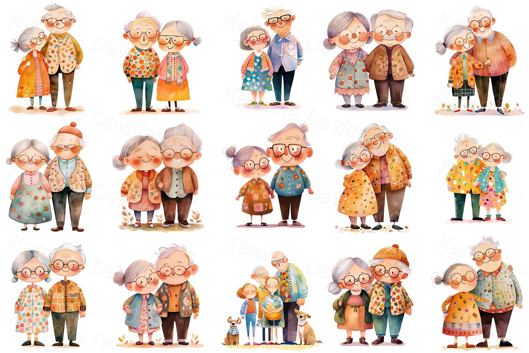 Collection of happy elderly couples, grandfathers and grandmothers. Cartoon grandparents PNG clipart set