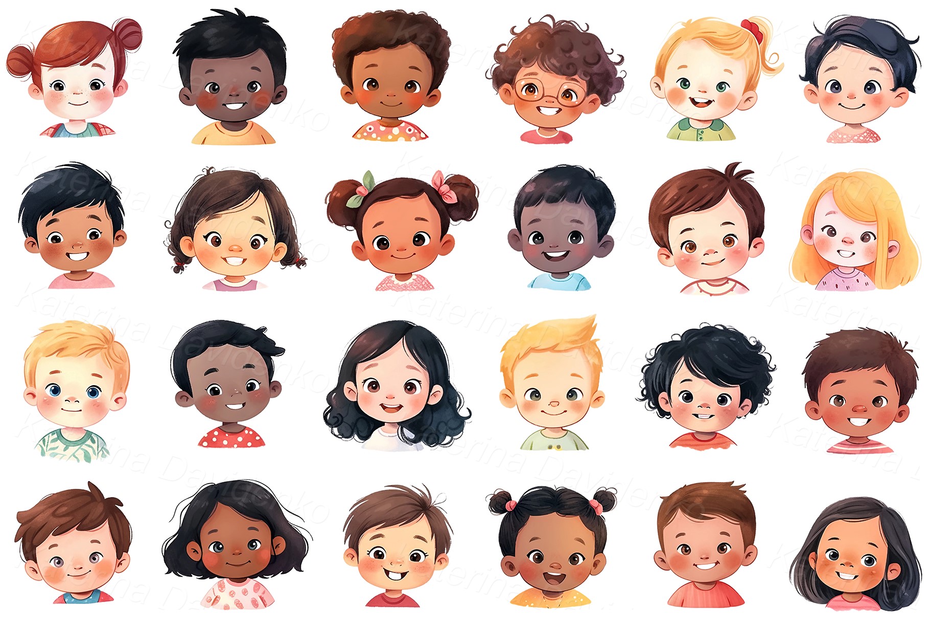 Collection of cartoon happy kids heads png clipart, multinational smiling children faces, boys and girls avatars, kids emotions