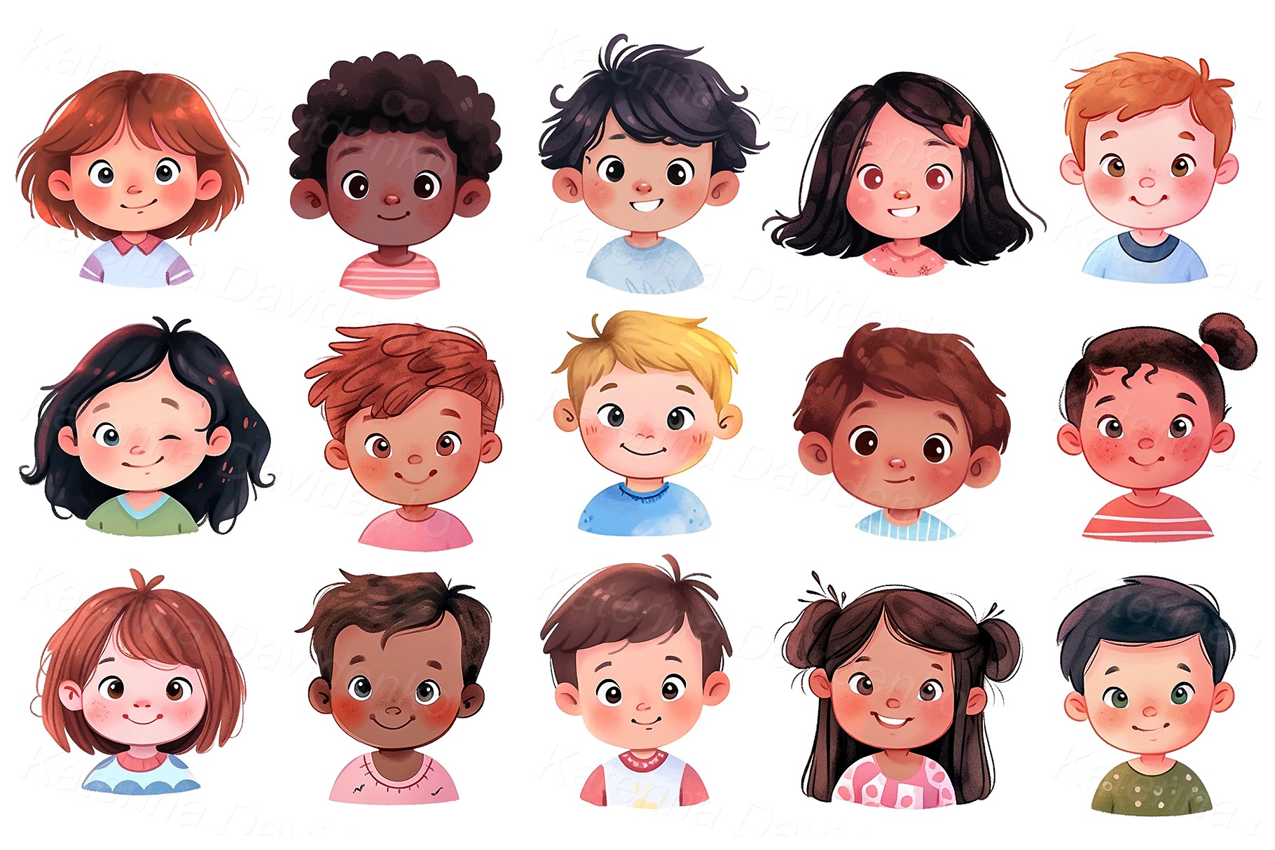 Cute multiethnic kids faces. Set of happy cartoon little children avatars. Funny boys and girls stickers