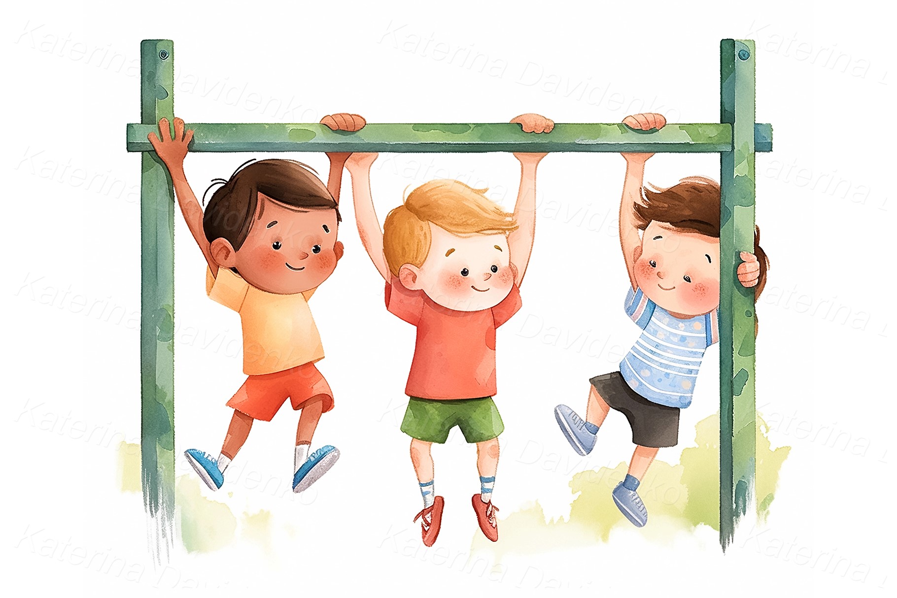 Watercolor illustration of a group of happy cartoon children hanging on a horizontal bar