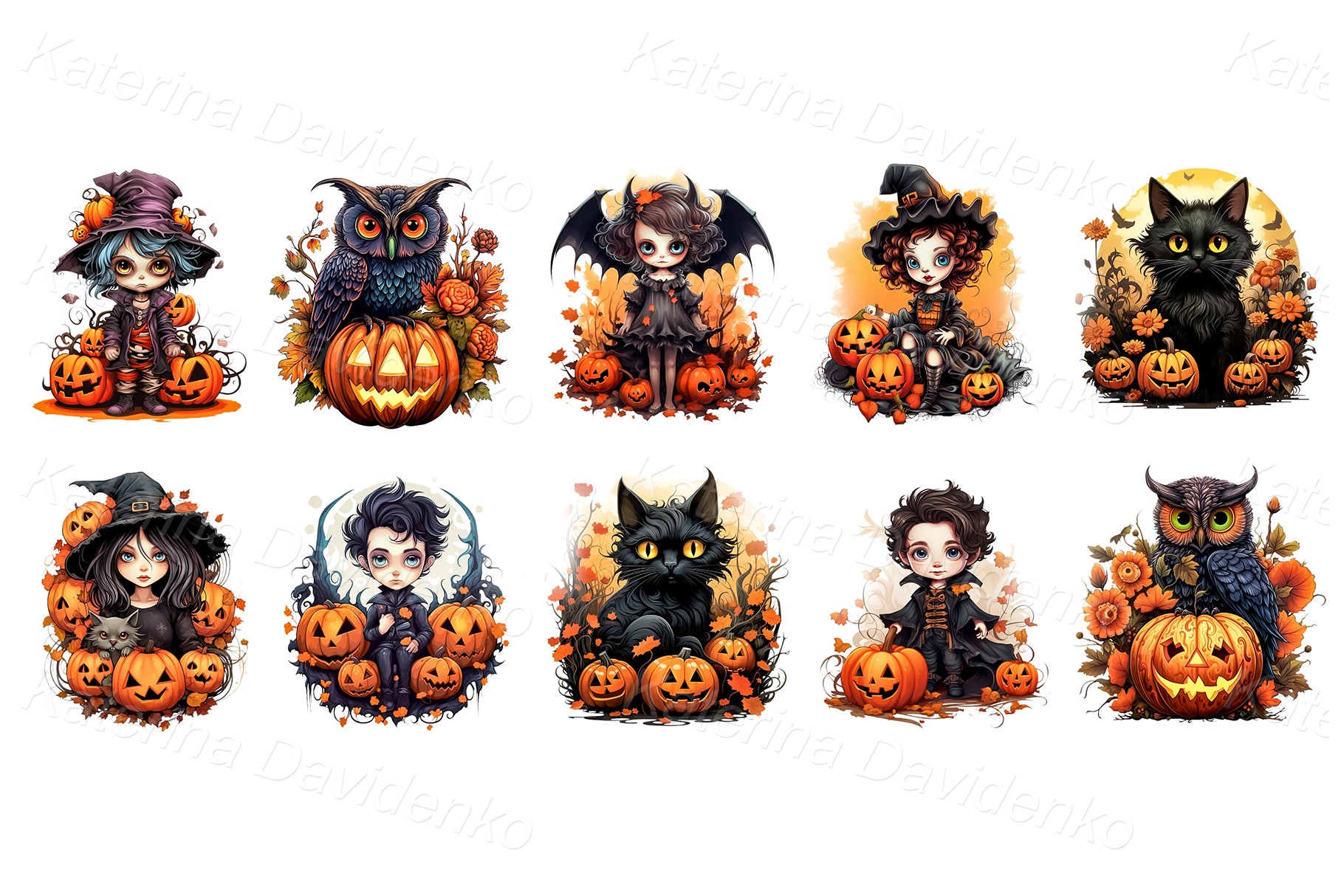 Set of Halloween stickers with cartoon kids, pumpkins, cats and owls