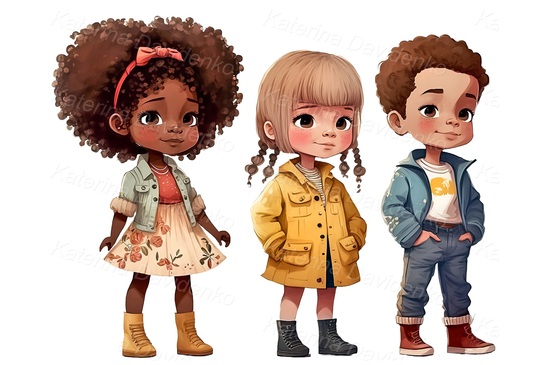 Cute little cartoon kids in autumn or spring clothes standing in a row