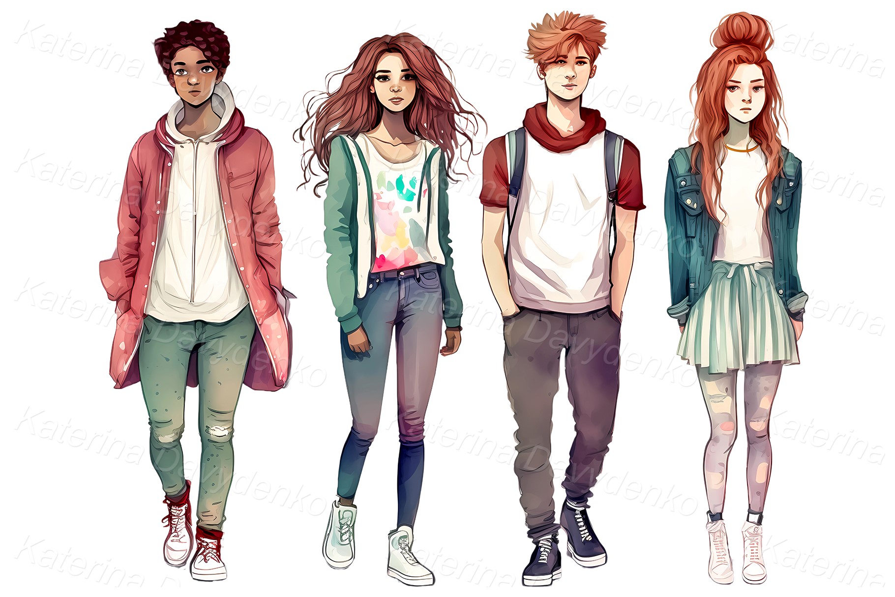 Group of trendy young people standing in row. Watercolor cartoon teenager clipart