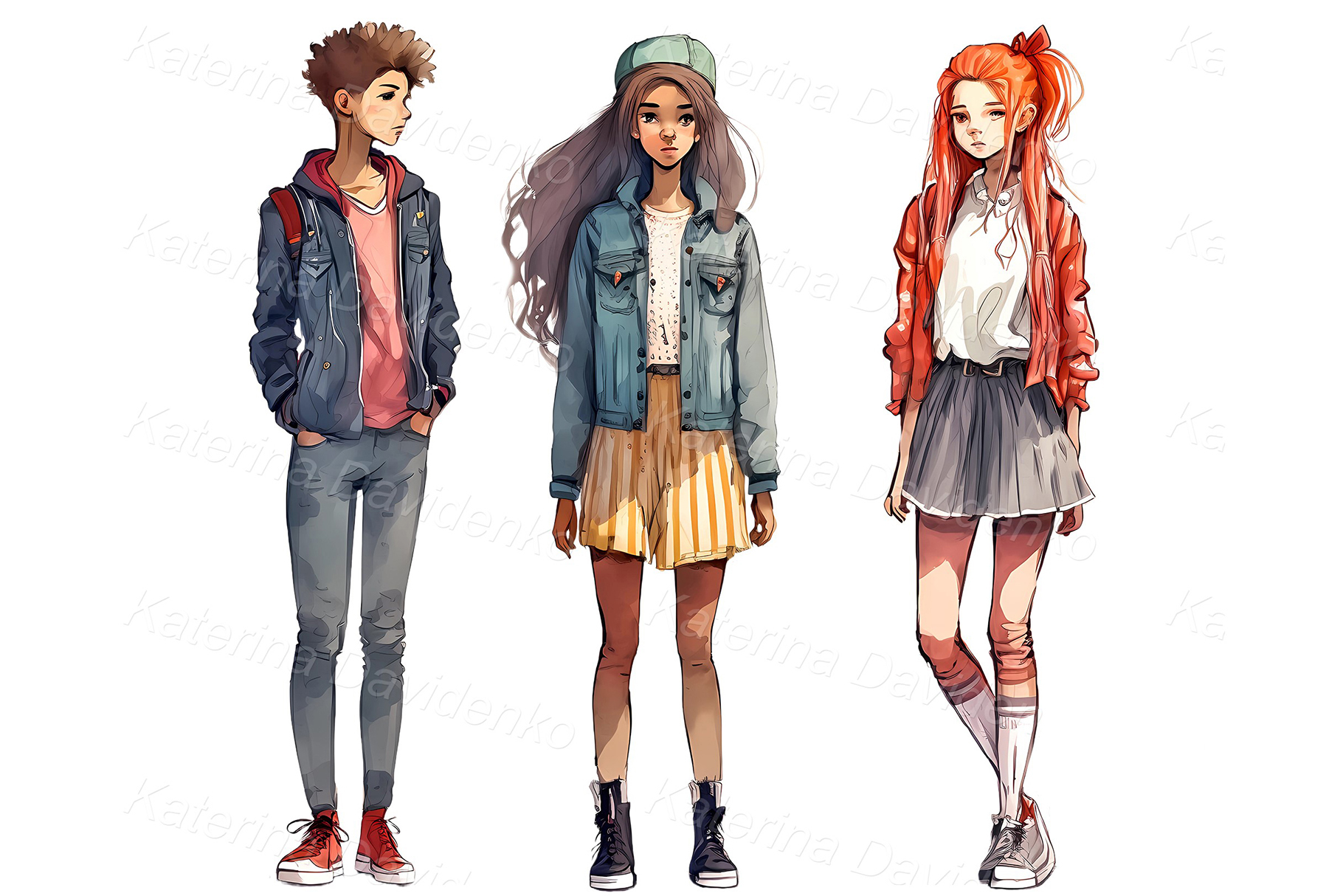 Fashion teenagers standing in a row. Stylish young people in casual clothes