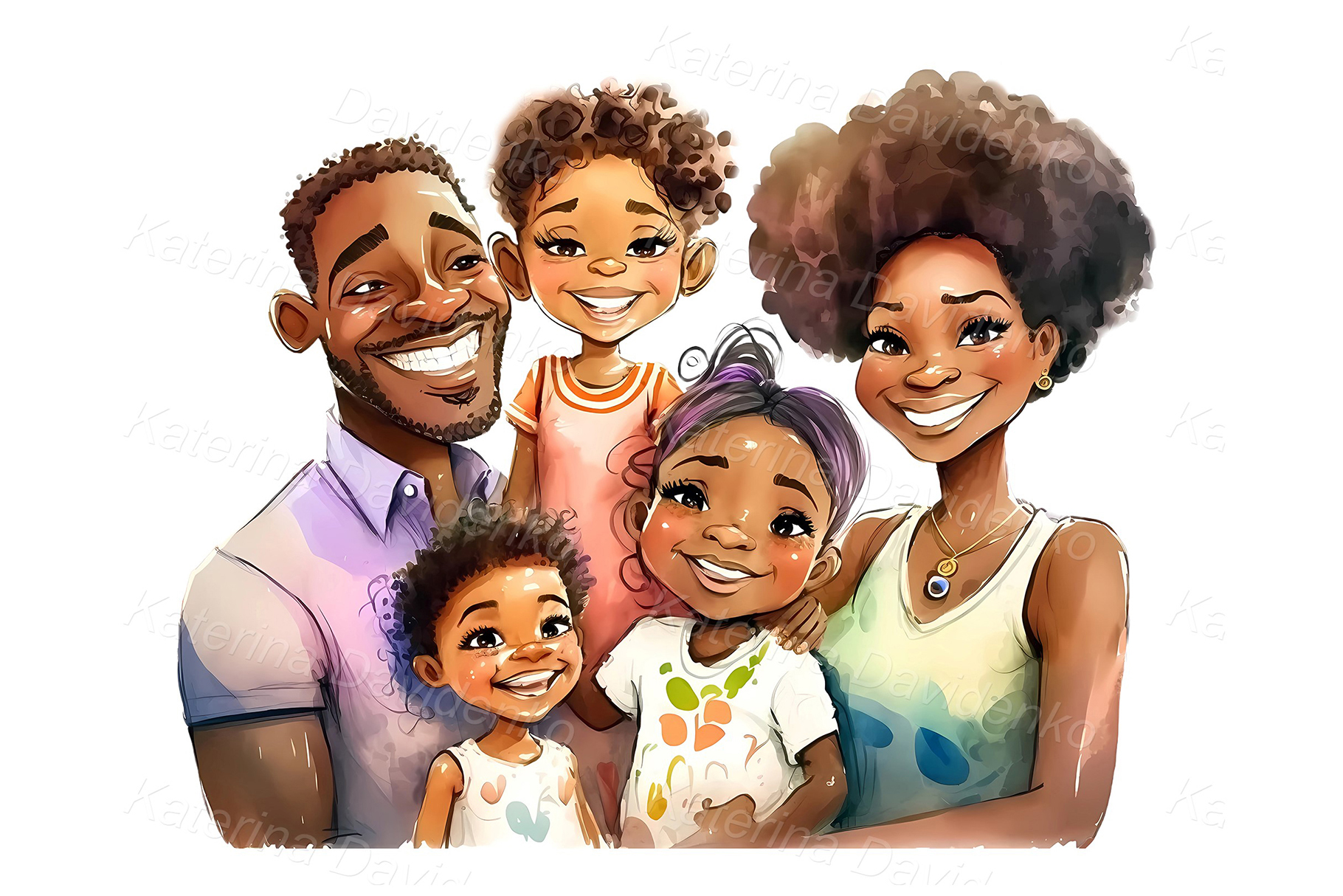 Happy family portrait. Mother, father, daughters and son. Cartoon watercolor clipart