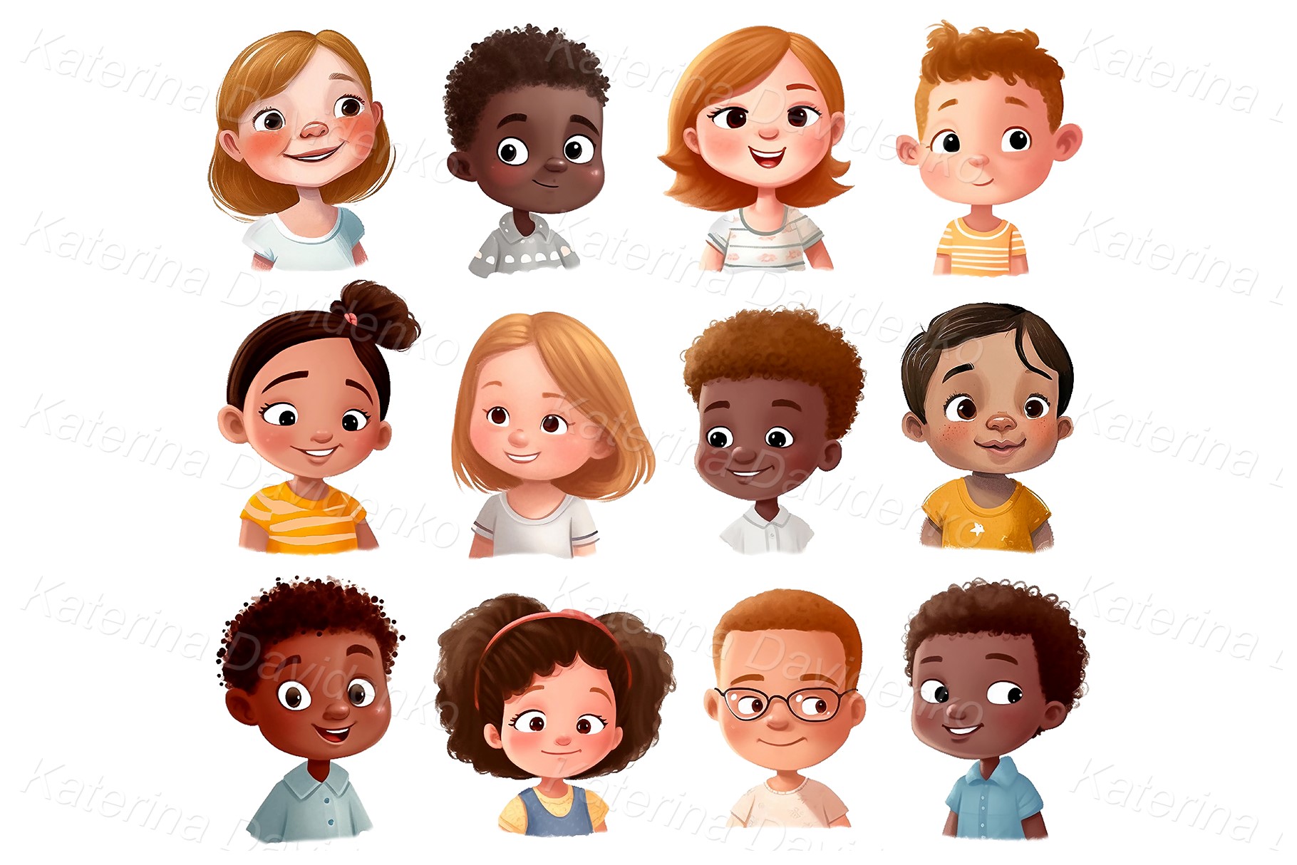 Collection of cute cartoon kids avatars PNG clipart. Children's faces set, boys and girls