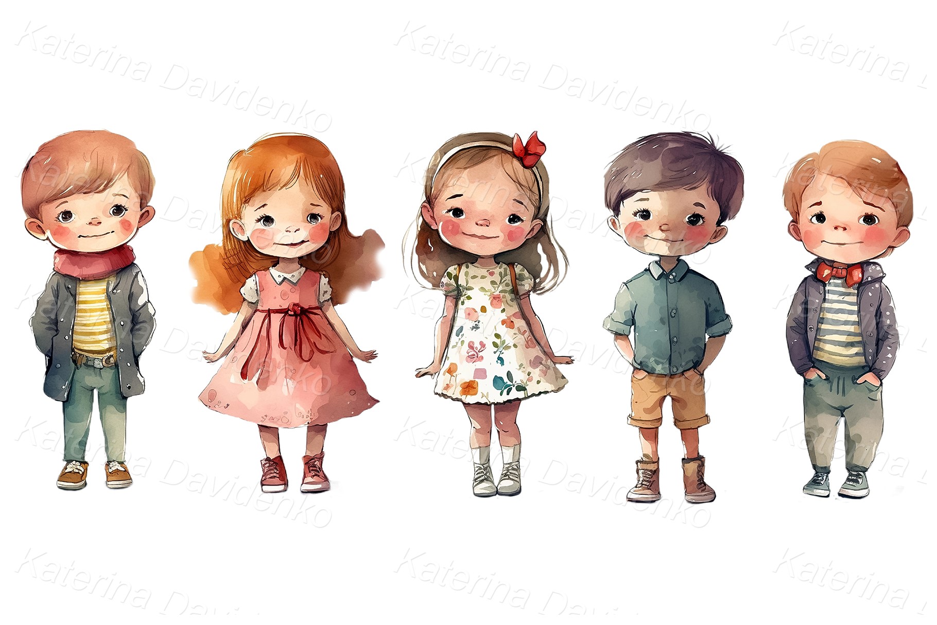 Funny cartoon little kids in different casual clothes, boys and girls, children watercolor clipart