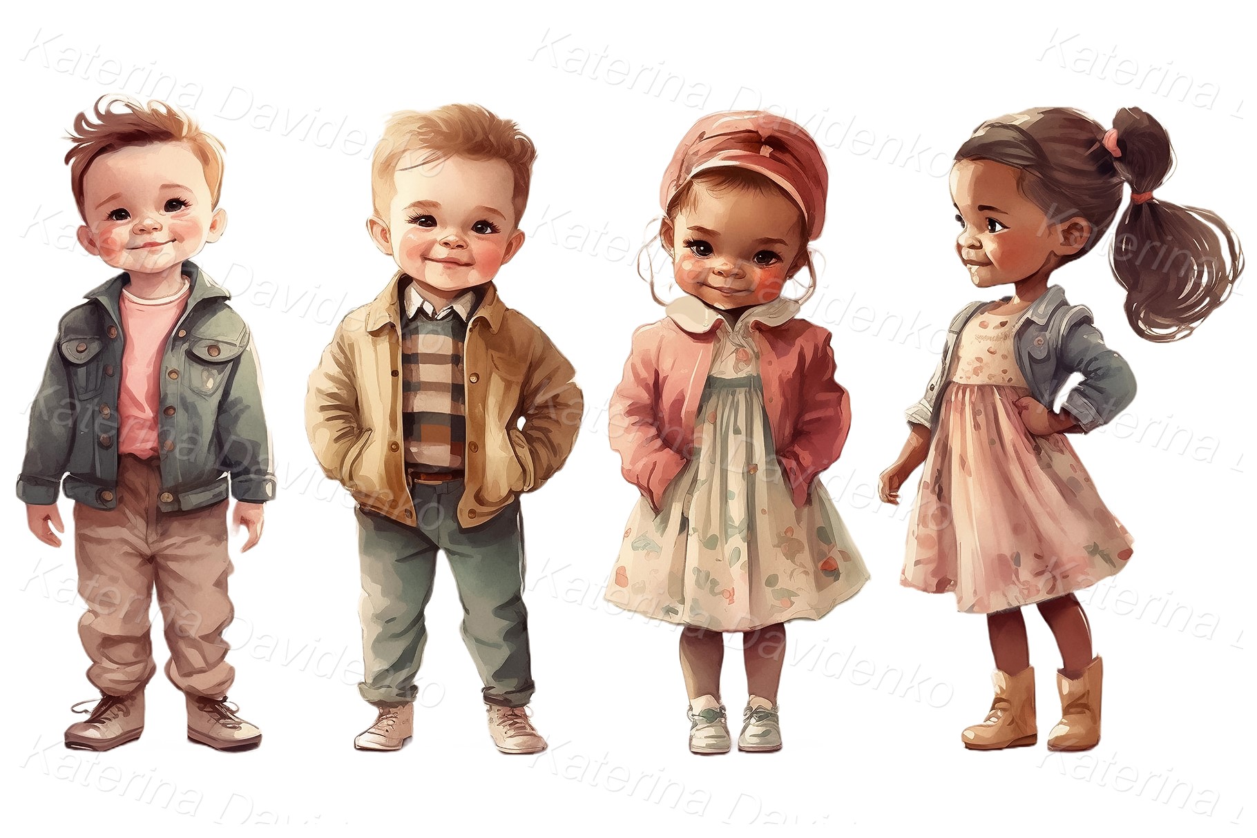Cute cartoon children standing in a row in different poses, little kids in casual clothes