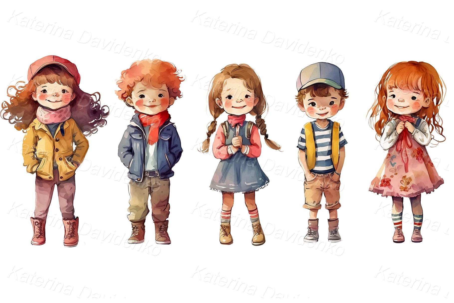 Funny cartoon little kids in spring clothes. Happy children standing in a row