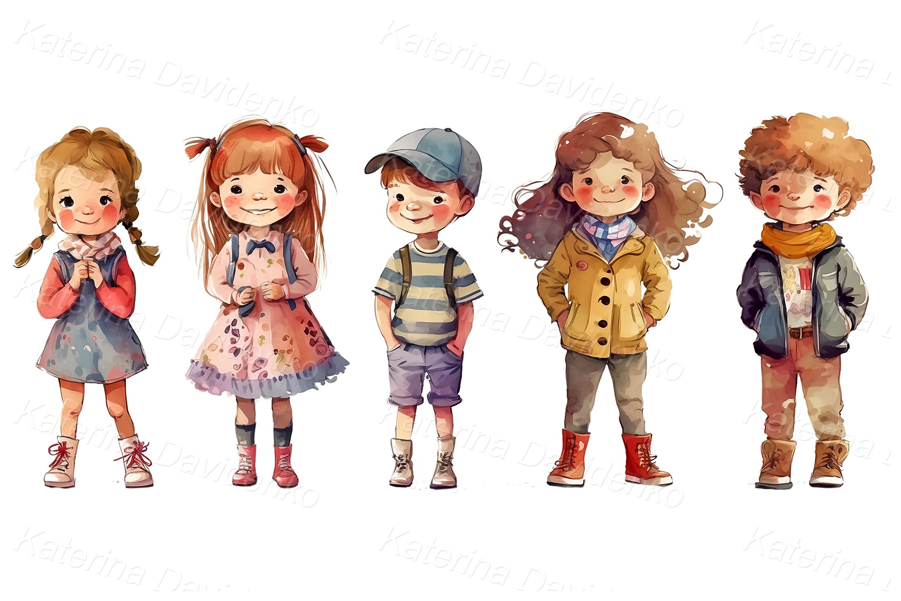 Watercolor cartoon little girls and boys with different clothes standing in a row