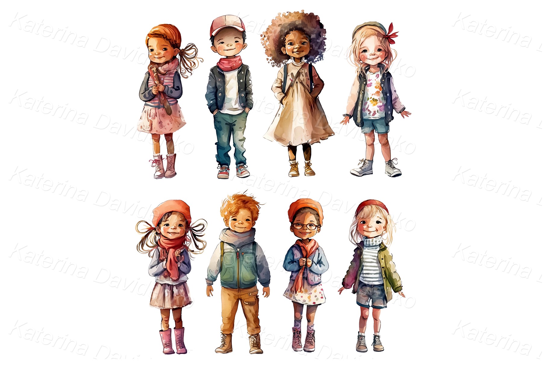 Cute cartoon little kids standing in different poses