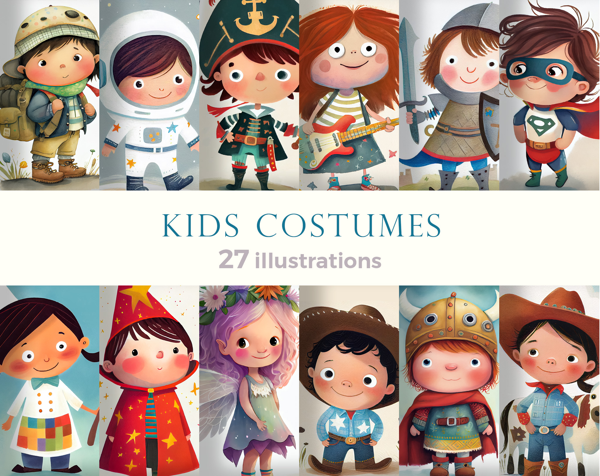 Cartoon little kids in different costumes like wizard, fairy, cowboy, pirate