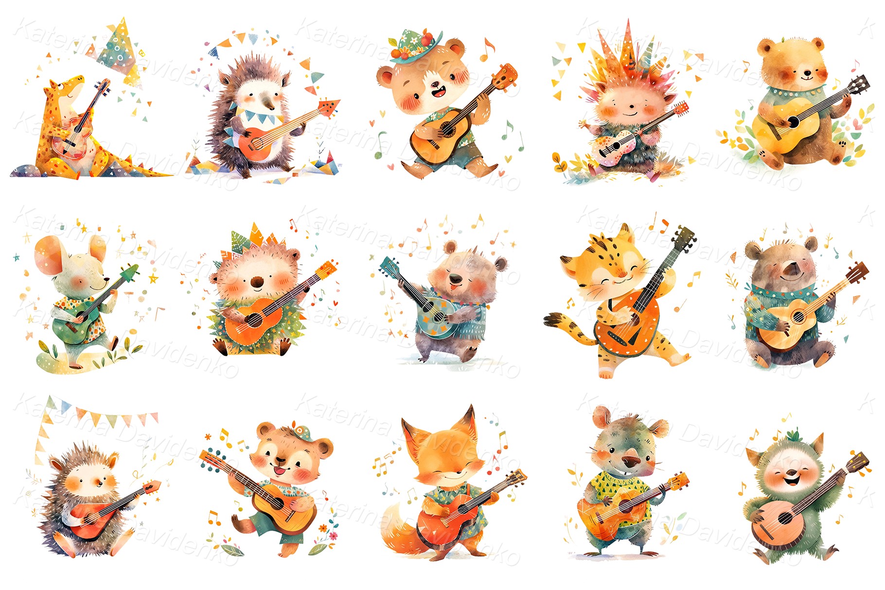 Cute cartoon animals playing guitars and singing song