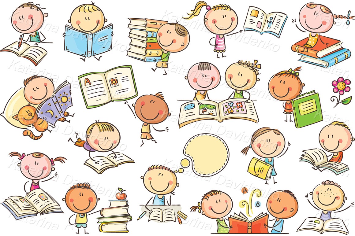 Education stock images. Cartoon doodle happy school kids and books clipart set