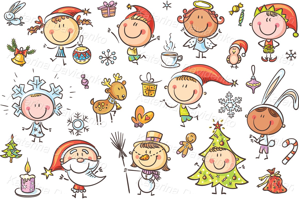 Drawing cartoon happy kids Christmas stock image set