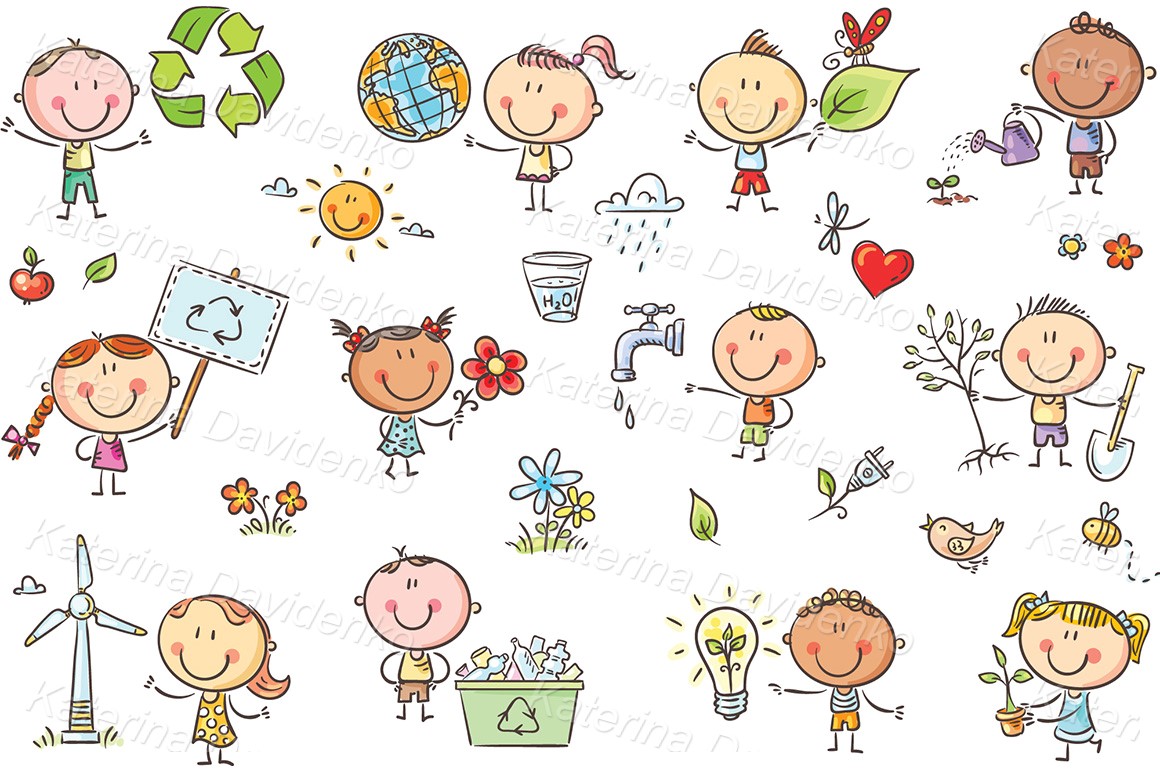 Drawing cartoon eco illustration set. Vector stock clipart with cute children