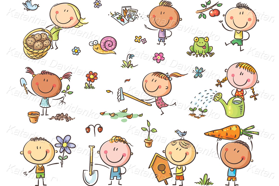 Child's drawing doodle cartoon kids gardening image set