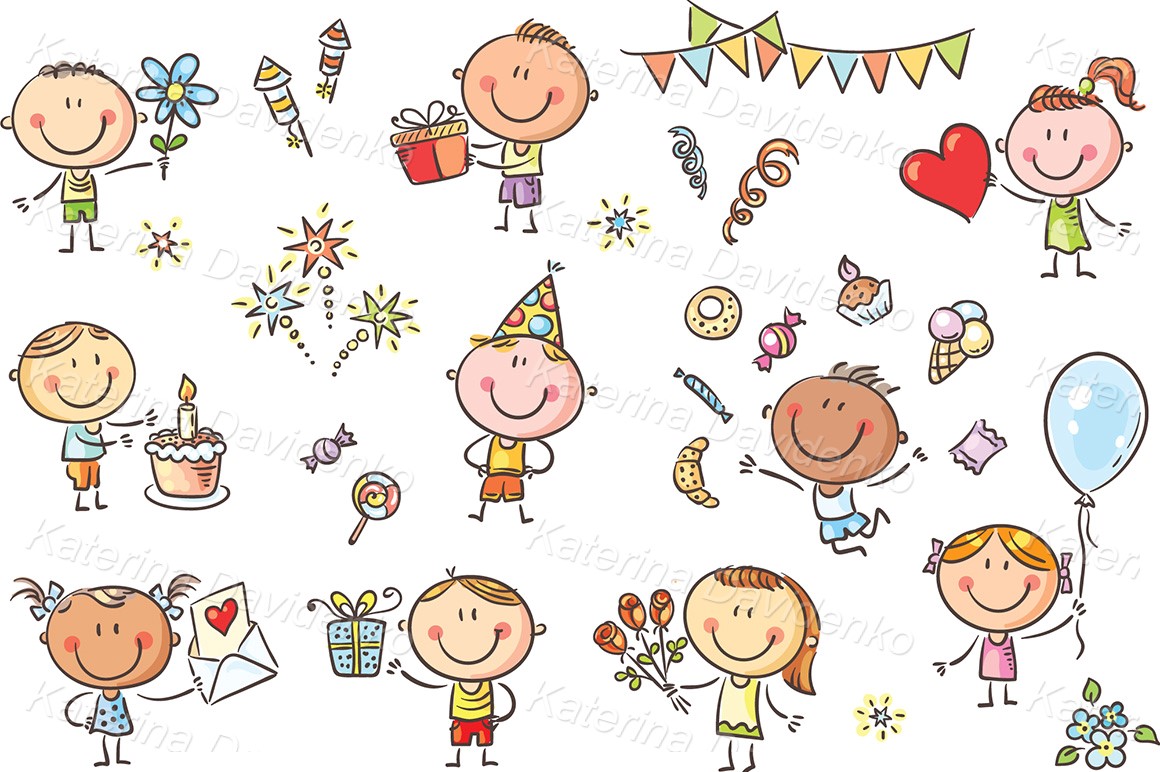 Child's drawing vector illustration doodle kids birthday party image set