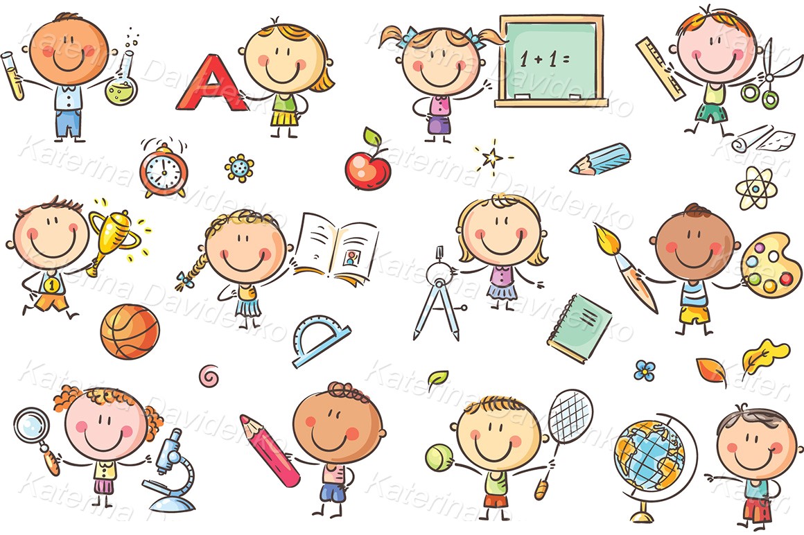 Cartoon kids with school things clipart set