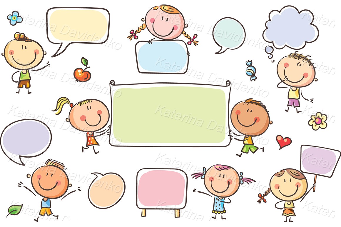 Drawing cartoon kids with speech bubbles and signs, banner copy space clipart set