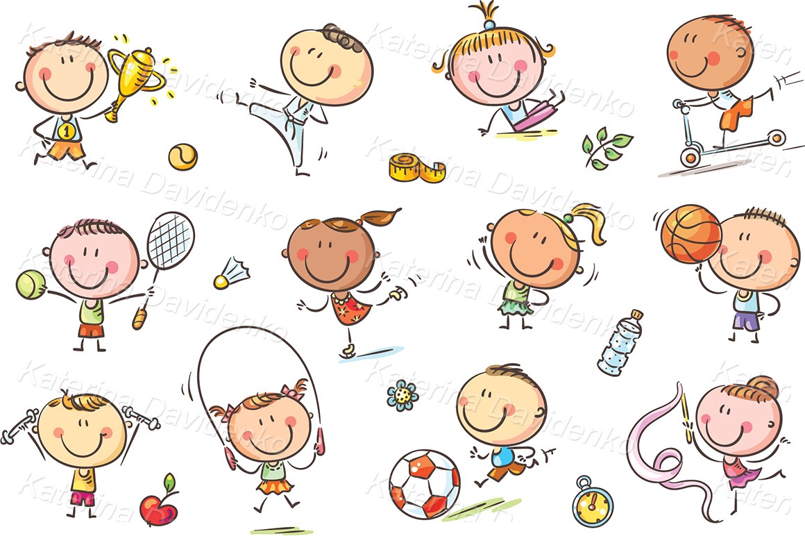 Doodle cartoon kids activities clipart set. Vector stock illustrations child and sport