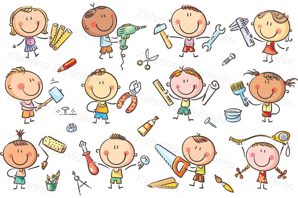 Hand drawn cartoon doodle kids with tools vector illustration set