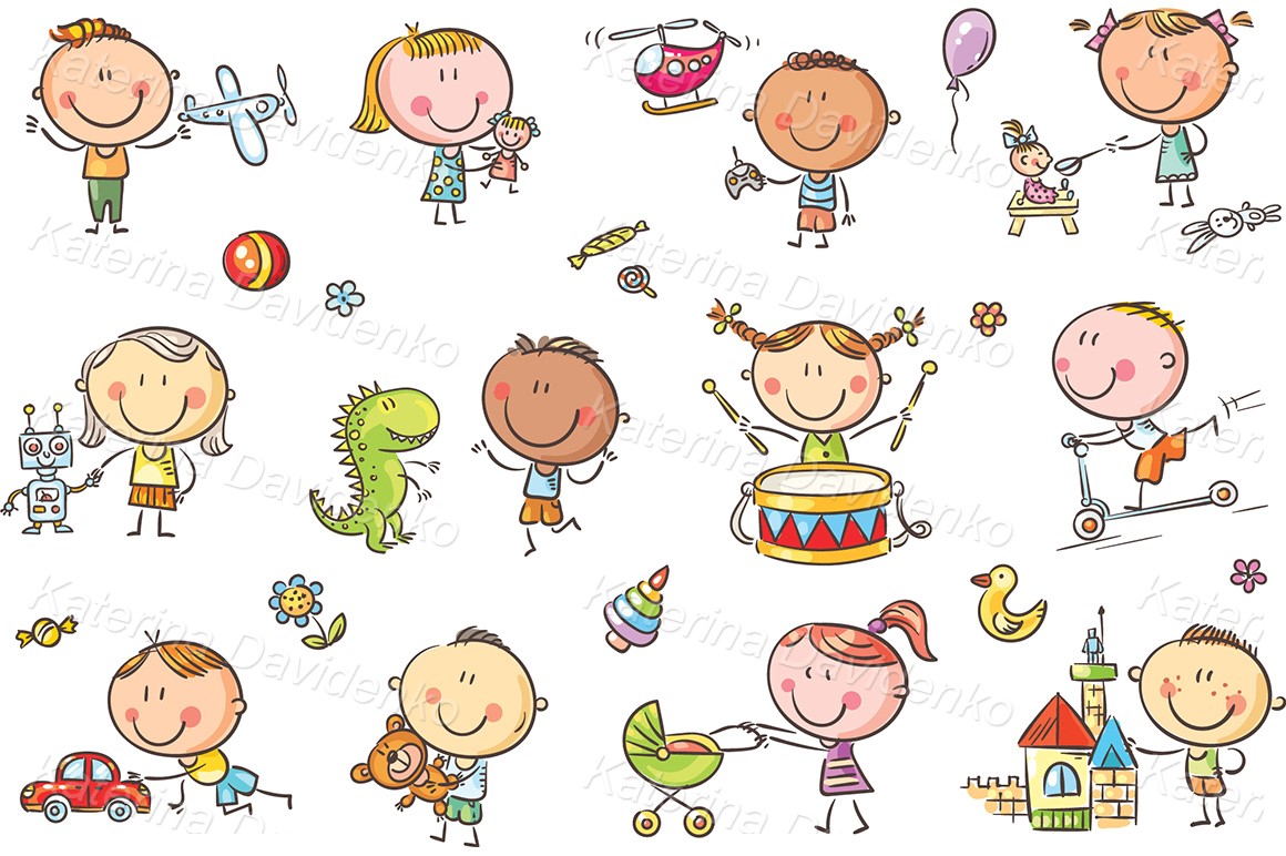 Child's drawing happy doodle kids playing with toys clipart set for download