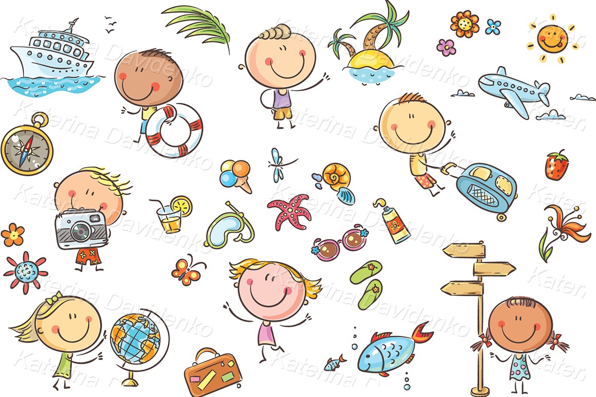 Drawing stock images. Cartoon funny kids, summer travelling clipart set