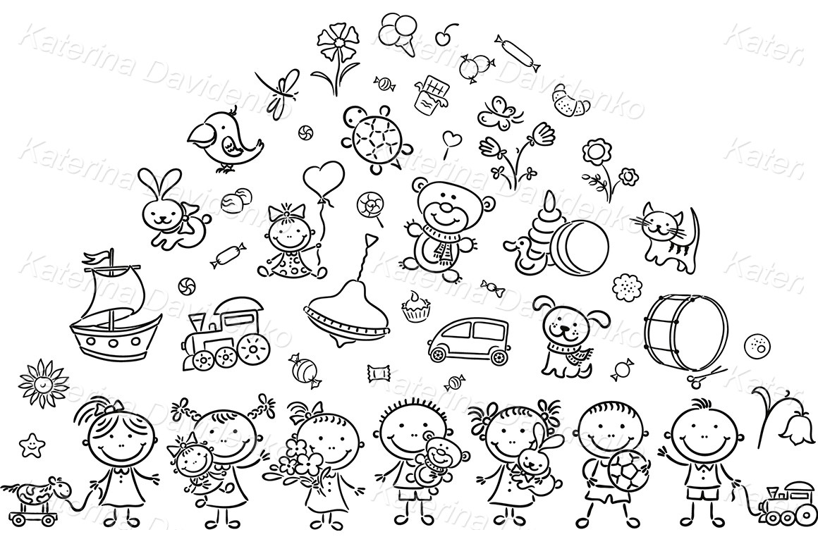 Stick figure outline. Kids and toys clipart set