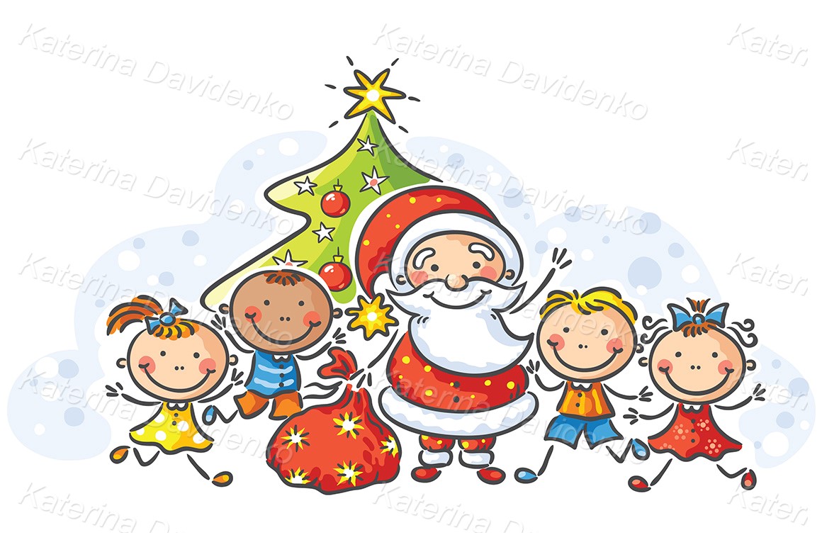 Cartoon Santa with happy kids