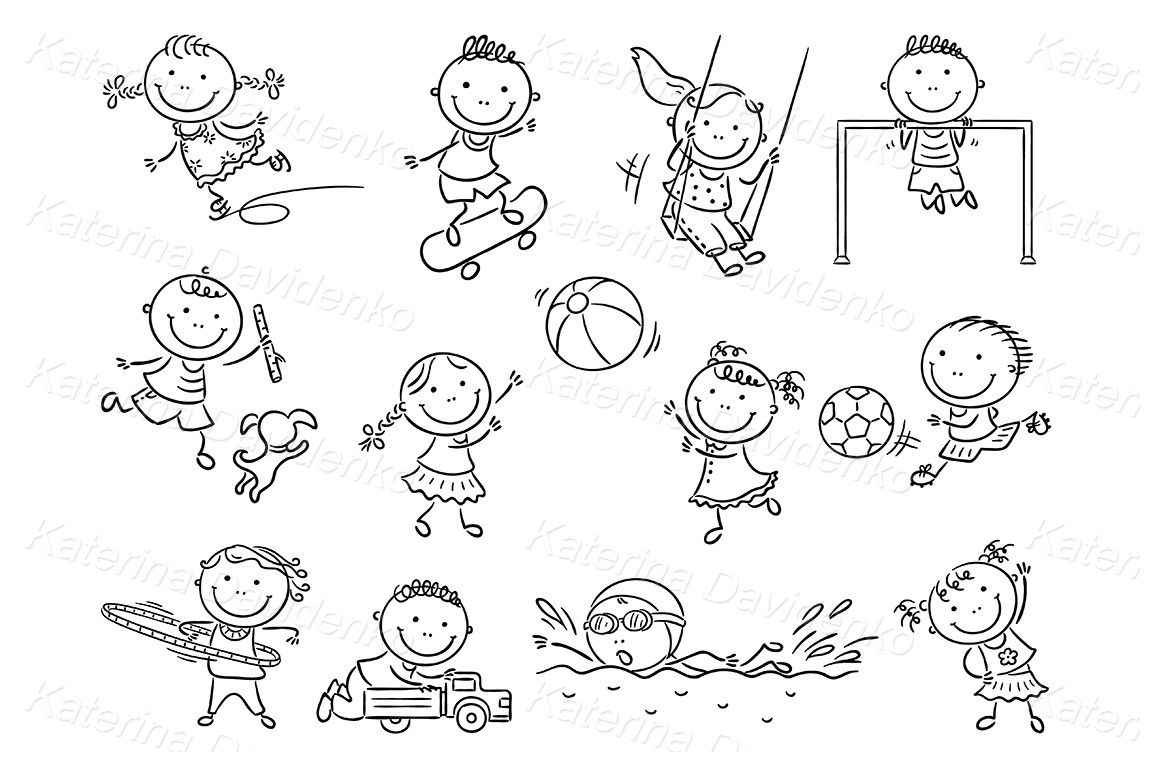 Stick figure - Kids and sport. Outline clipart