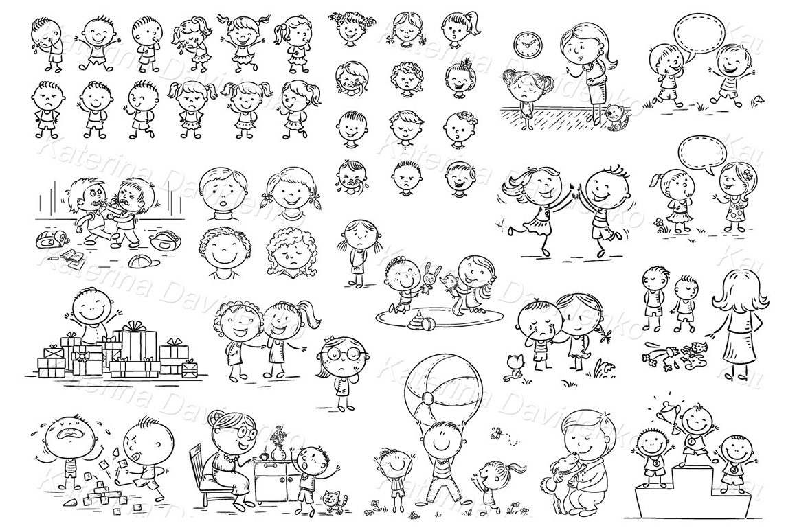 Set of kids with emotions, coloring page