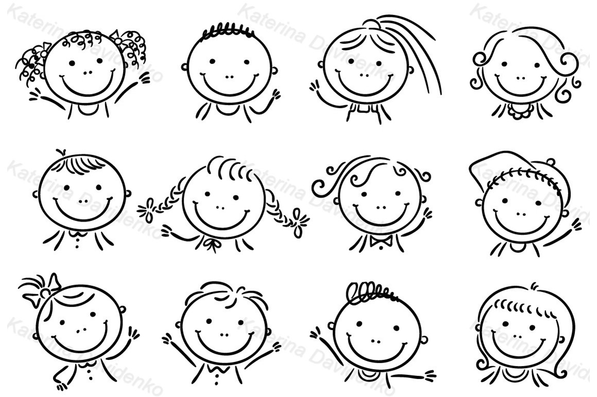 Cartoon kids faces, black and white