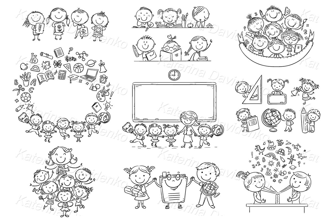 School clipart. Black and white illustrations