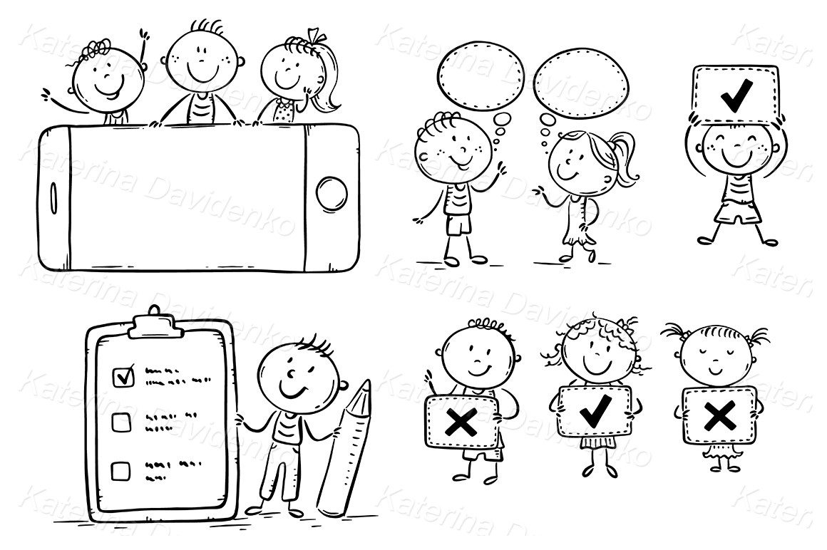 Kids with signs, speech bubbles, mobile phone