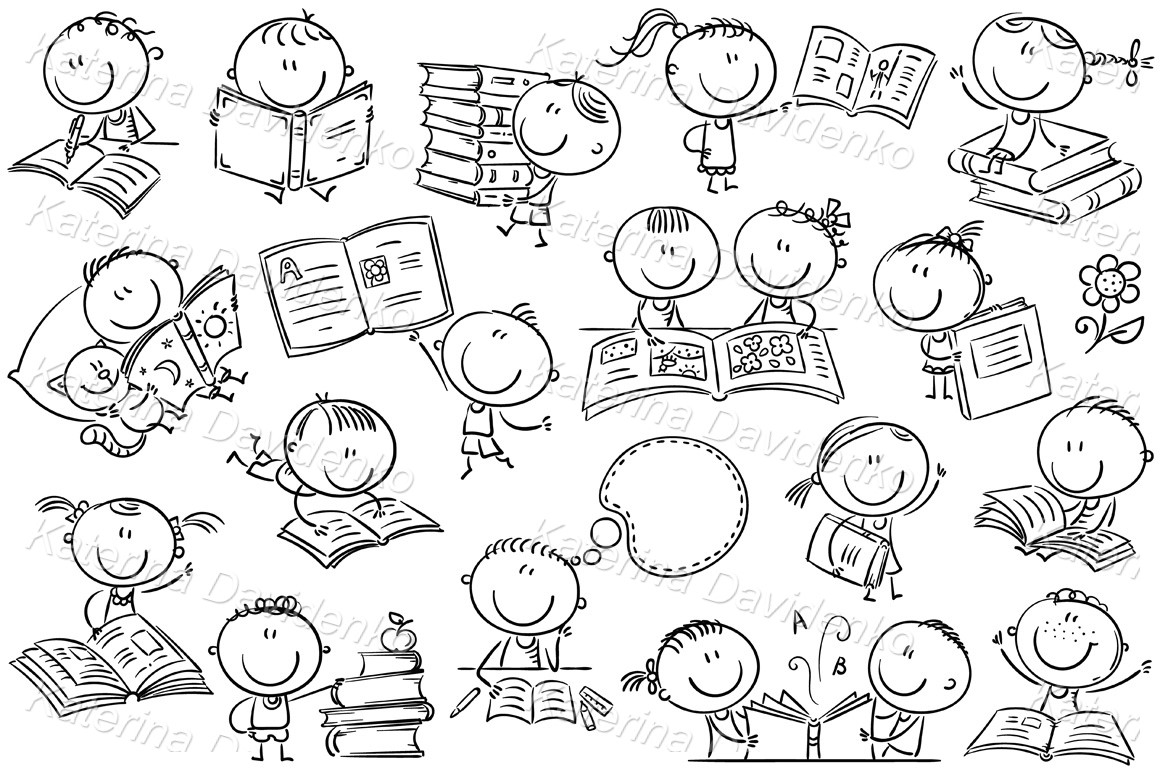 Kids and Books. Black and white clipart set
