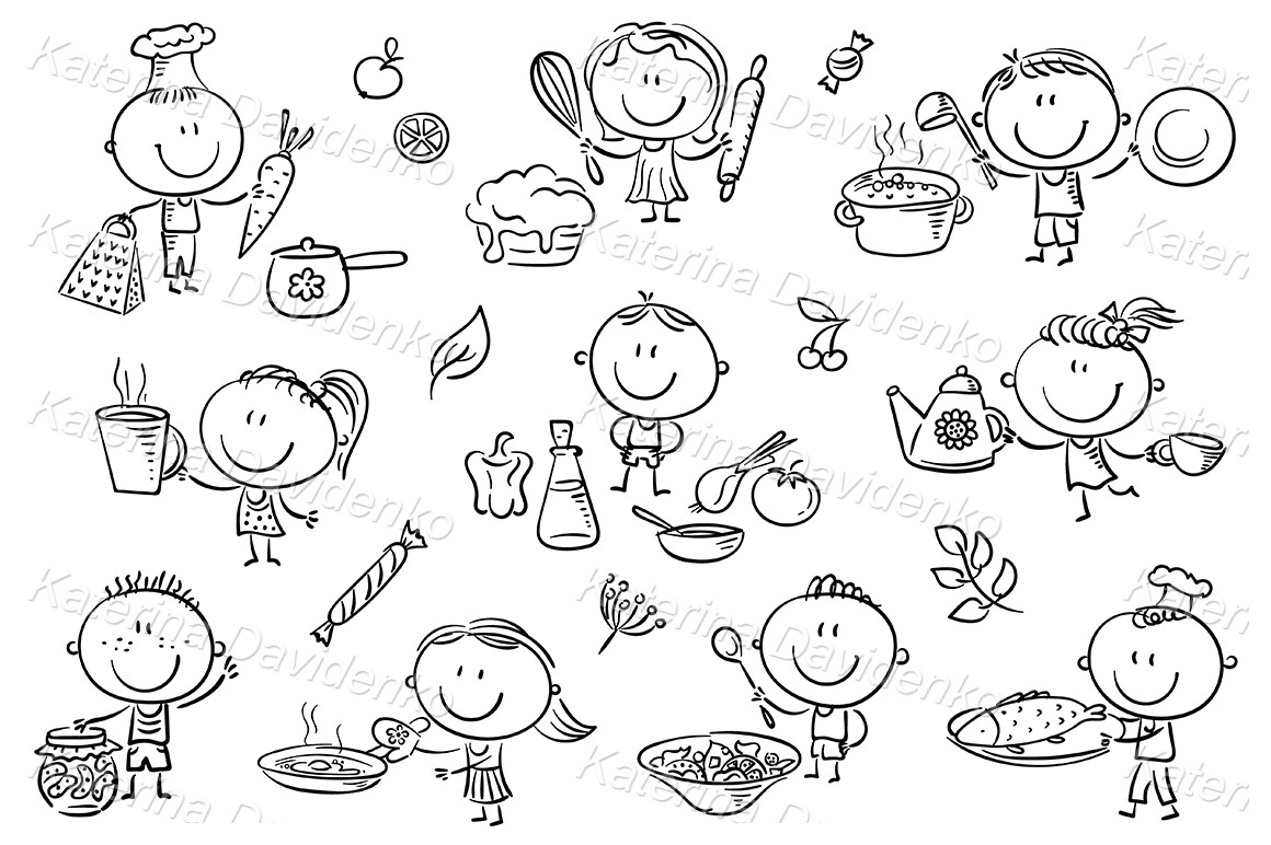 Children cooking set. Black and white