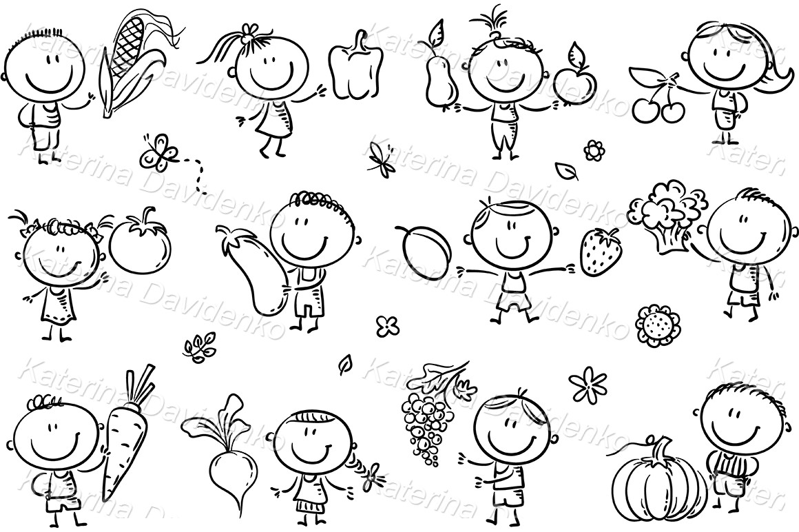 Kids with fruits & vegetables. Outline illustration