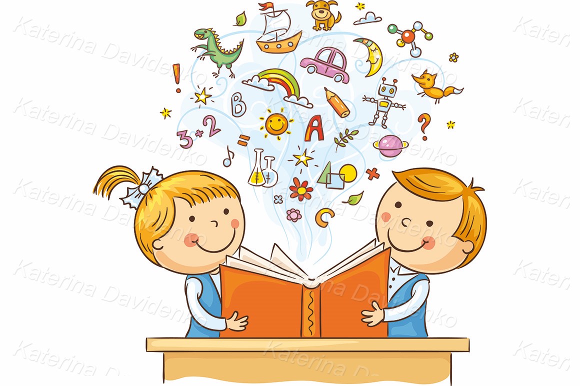 Children reading a book together. School clipart set