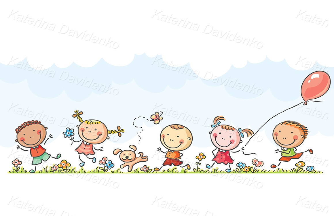 Happy kids running, cartoon illustration