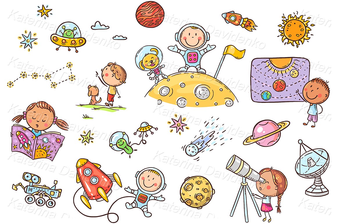 Cartoon space and astronauts set