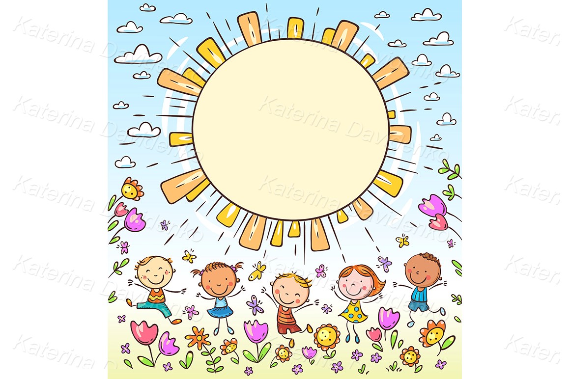 Sun frame with happy doodle kids and a round copy space